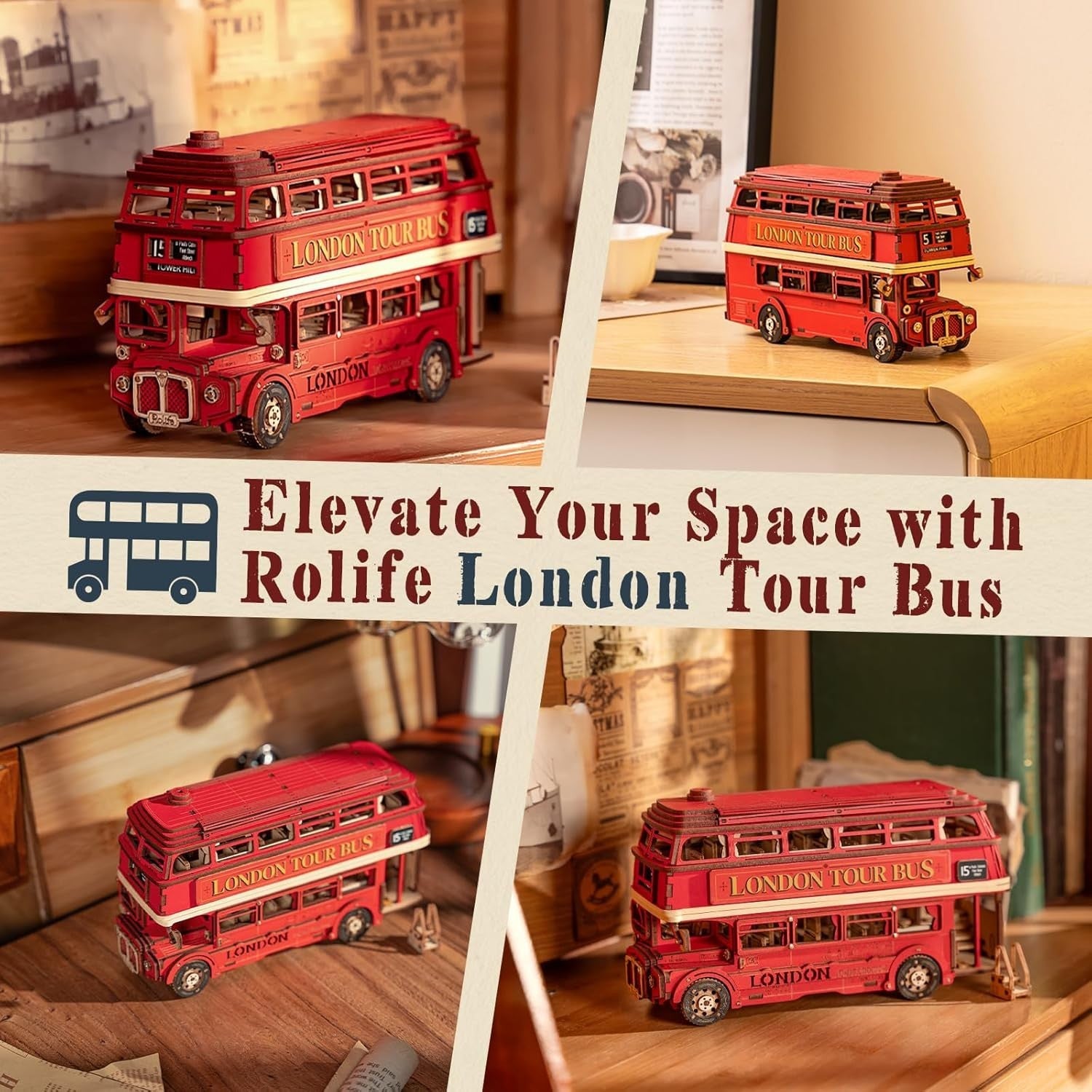 3D Wooden London Bus Model Kit DIY Puzzle for Adults Gift Home Decor
