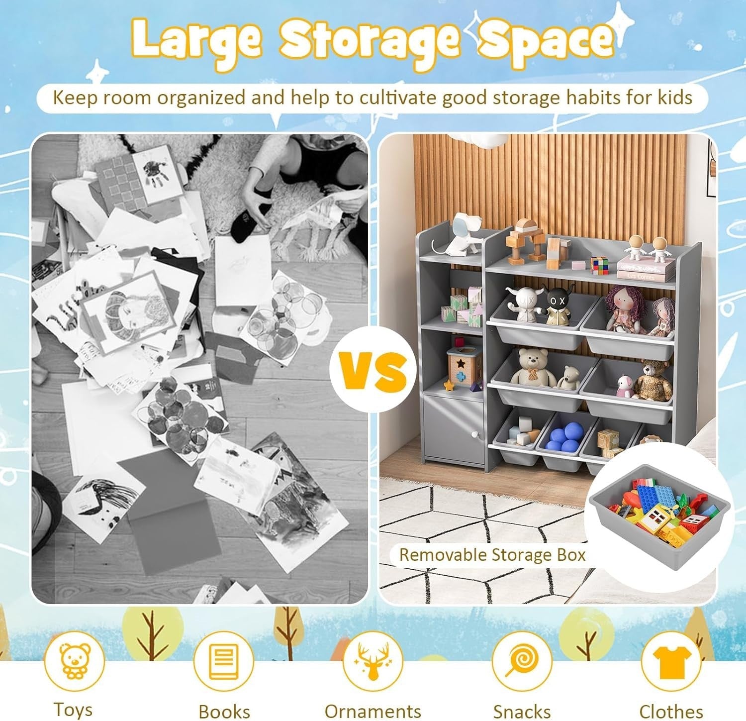 4 Tier Kids Toy Storage Unit with Bins Bookshelf & Cabinet Grey 112x30x100cm