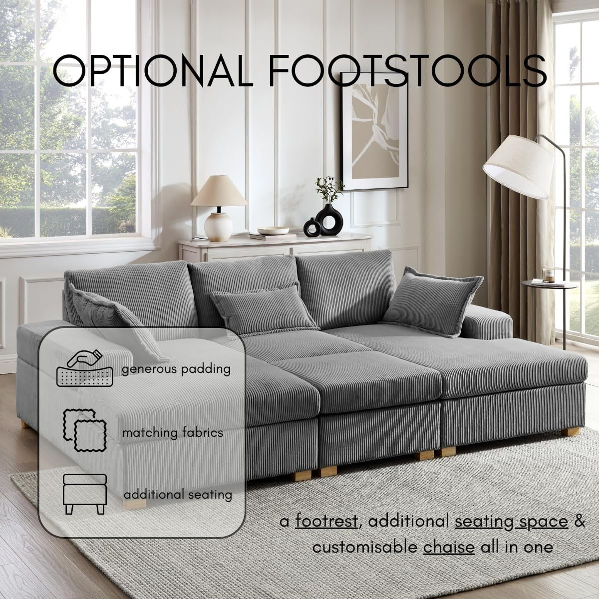 U-Shape Jumbo Cord Sofa Dark Grey 4-Seater | Deep Seat + Optional Footstool