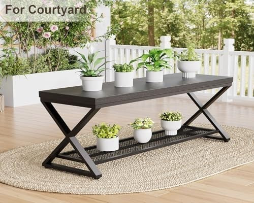 Black Oak Industrial Entryway Storage Bench Metal Frame Shoe Rack Seat 119x36x46