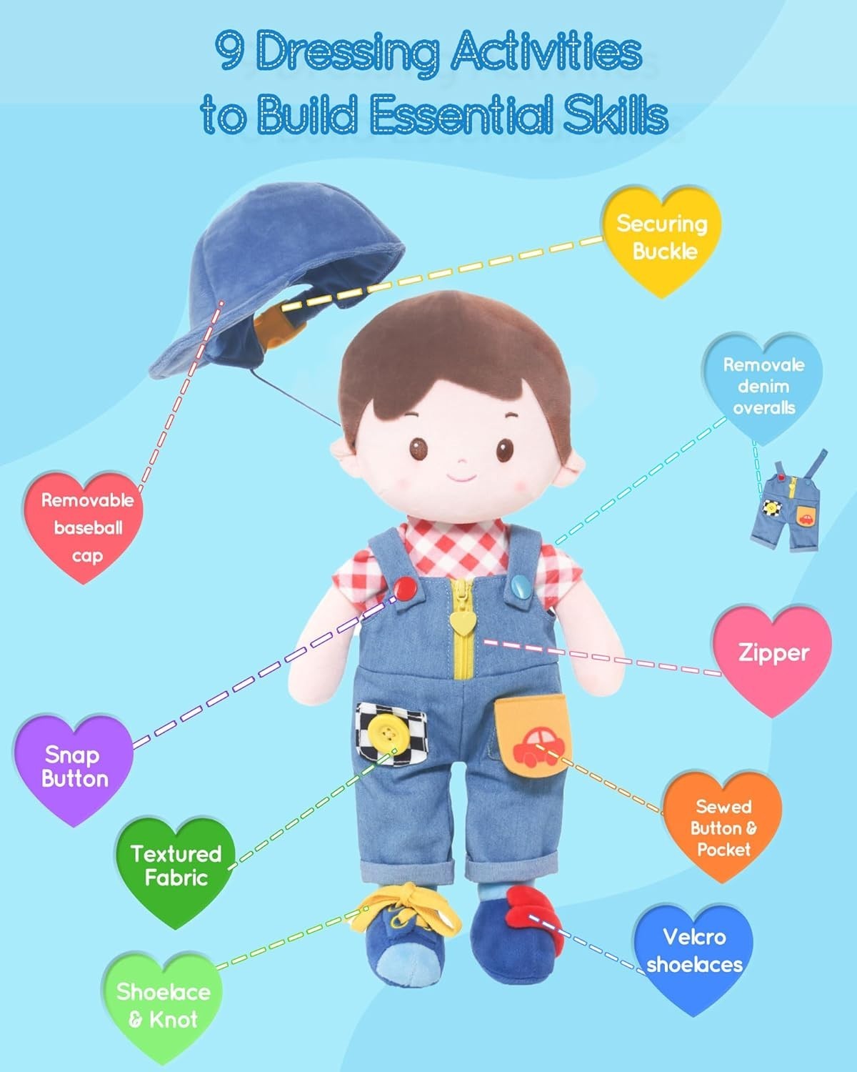 Montessori Busy Plush Doll 16in Button Learning Sensory Toy Toddler