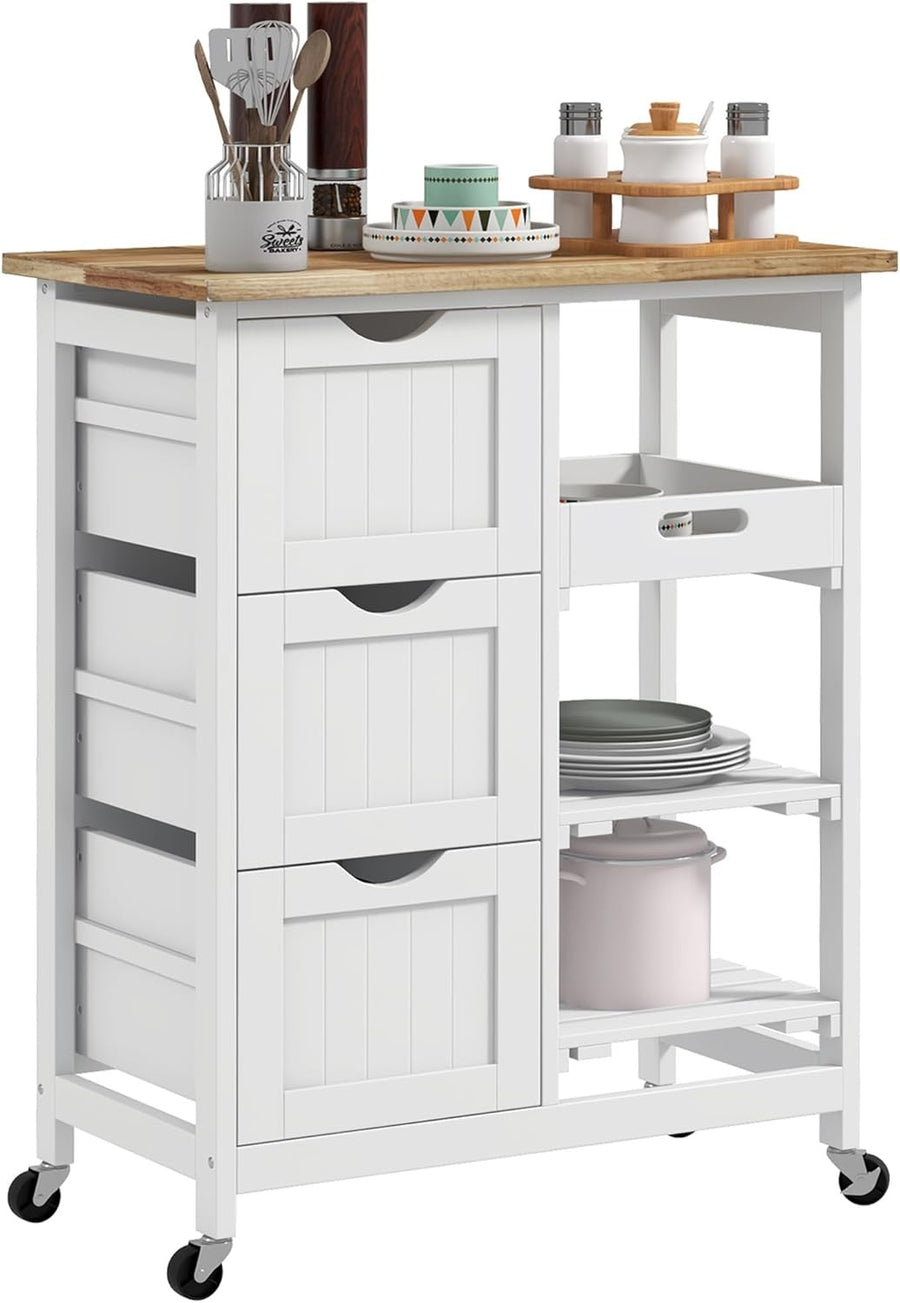 Rolling Kitchen Island Cart Storage Trolley with Drawers Shelves Wood Top