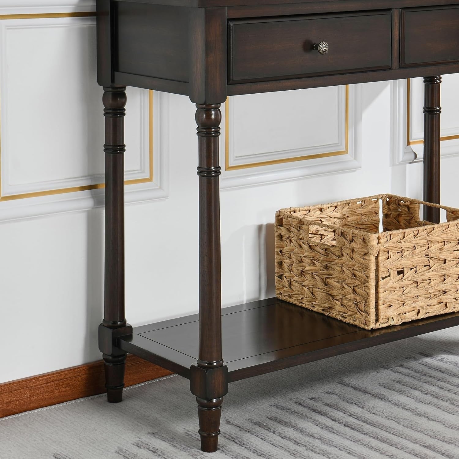 Solid Wood Console Table 90x35x77cm with 2 Drawers & Large Storage Shelf