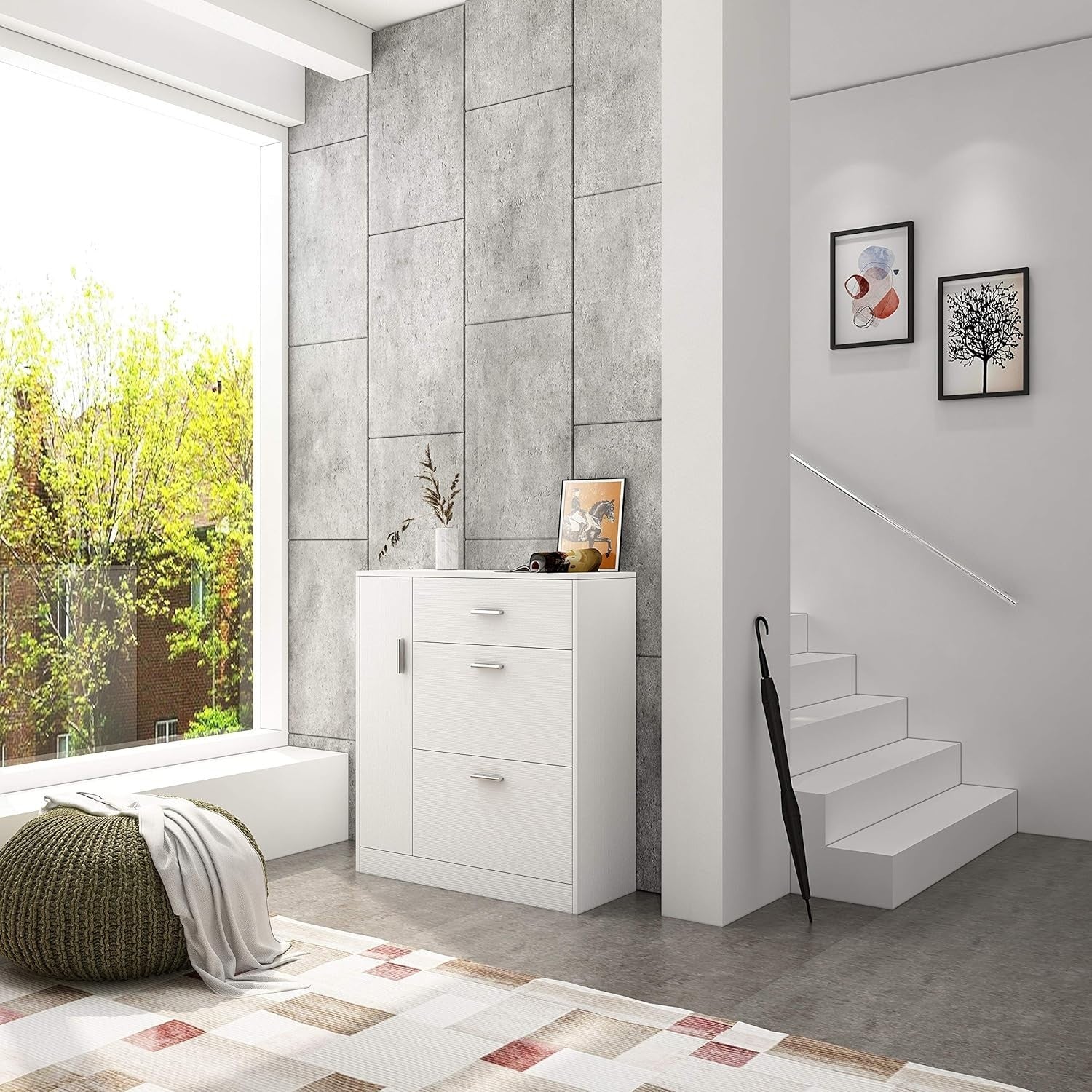 Modern White Shoe Cabinet with Drawer & 18-Pair Pull-Down Storage Rack