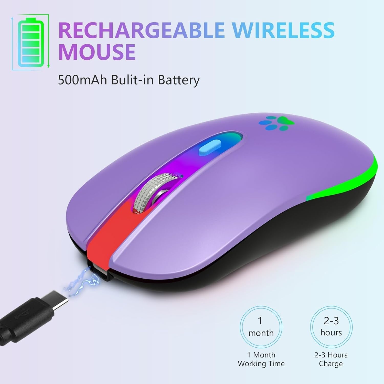 Purple RGB Wireless Mouse Bluetooth 1600 DPI Rechargeable