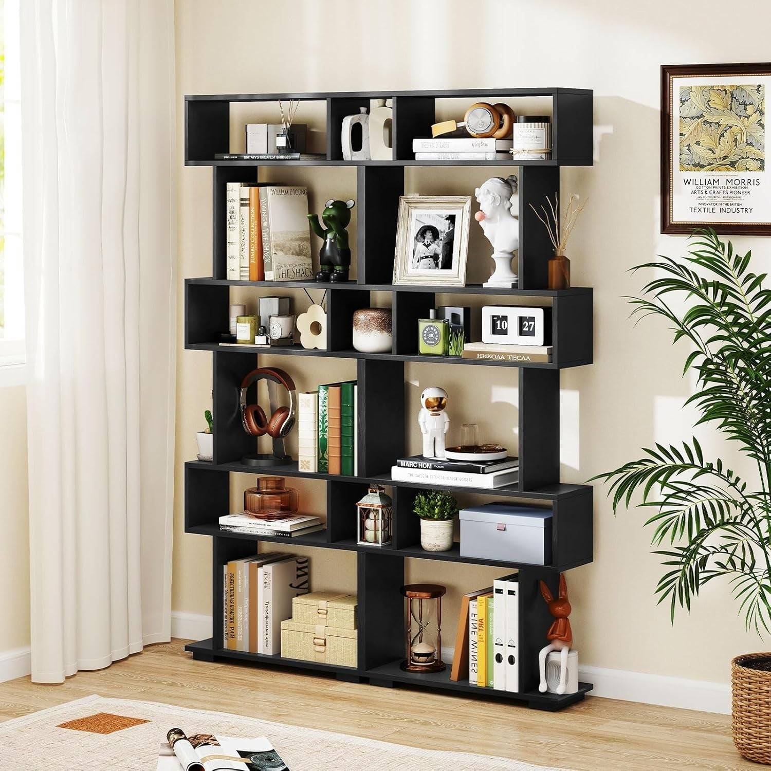 6-Tier S-Shaped Bookshelf Ladder Shelf Black 163x60x20cm with Anti-Tip Kits