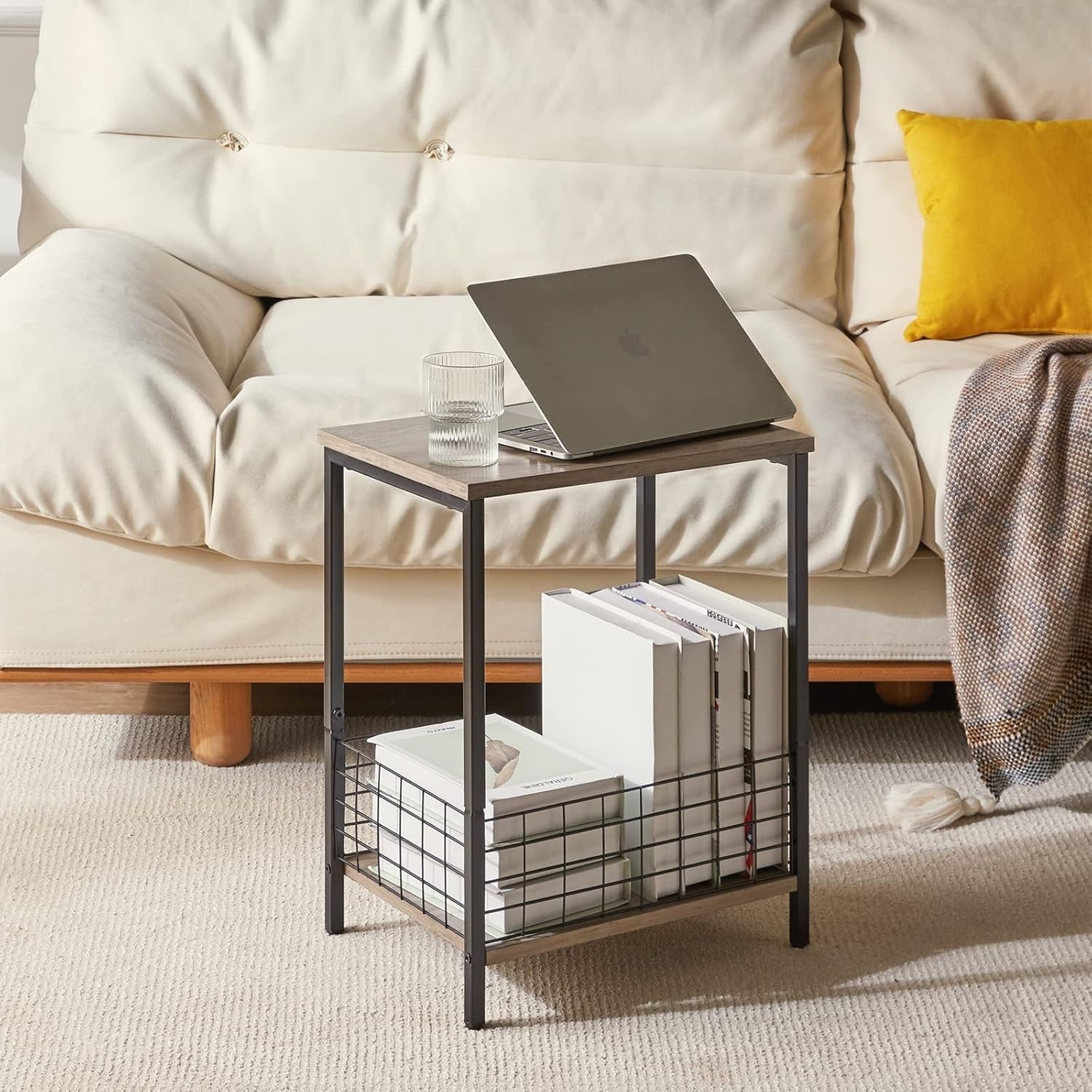 Industrial Side Table with Storage Rack – Small Nightstand, Coffee Table 40x29x5