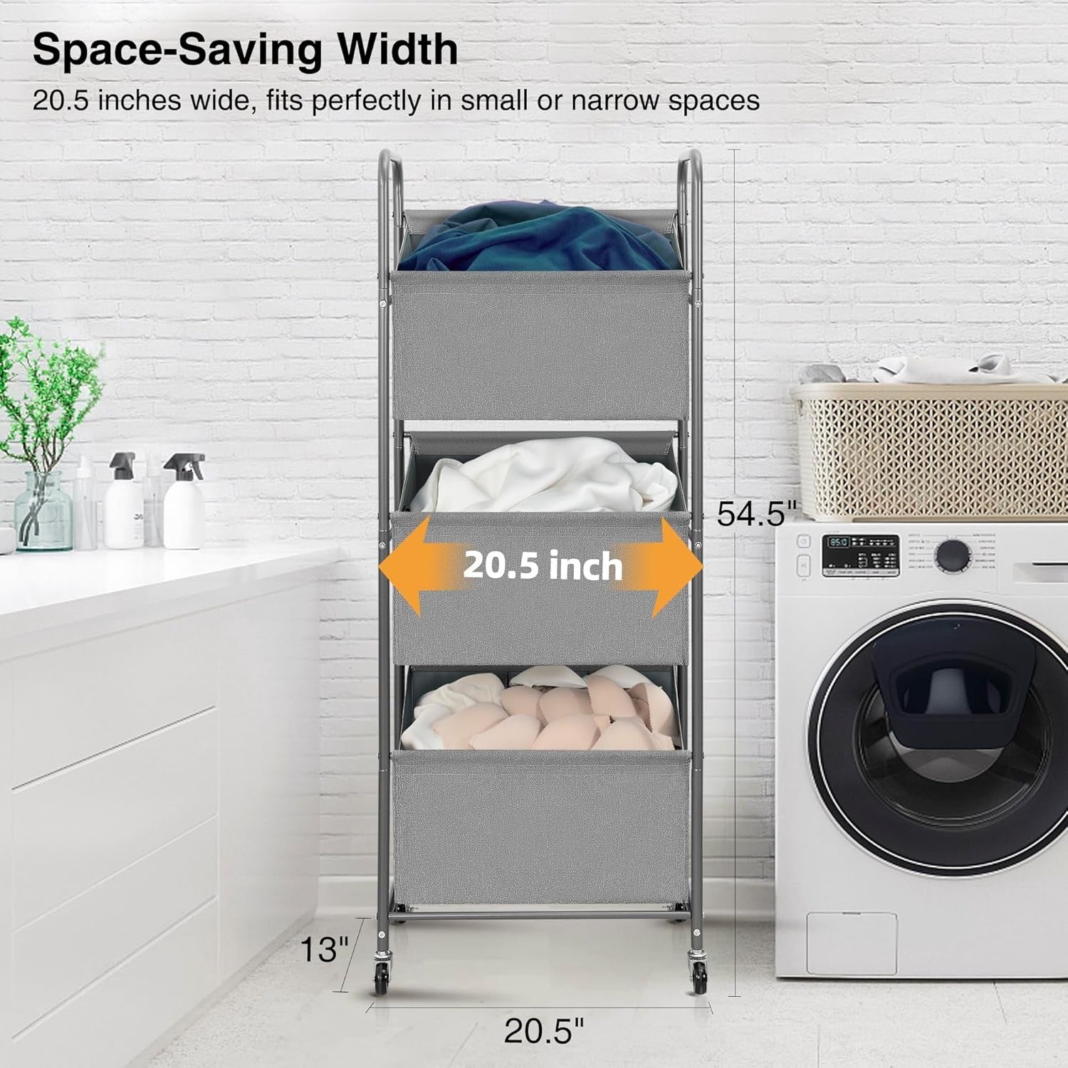 3-Tier Rolling Laundry Sorter with Removable Bags, 120L Vertical Hamper Grey