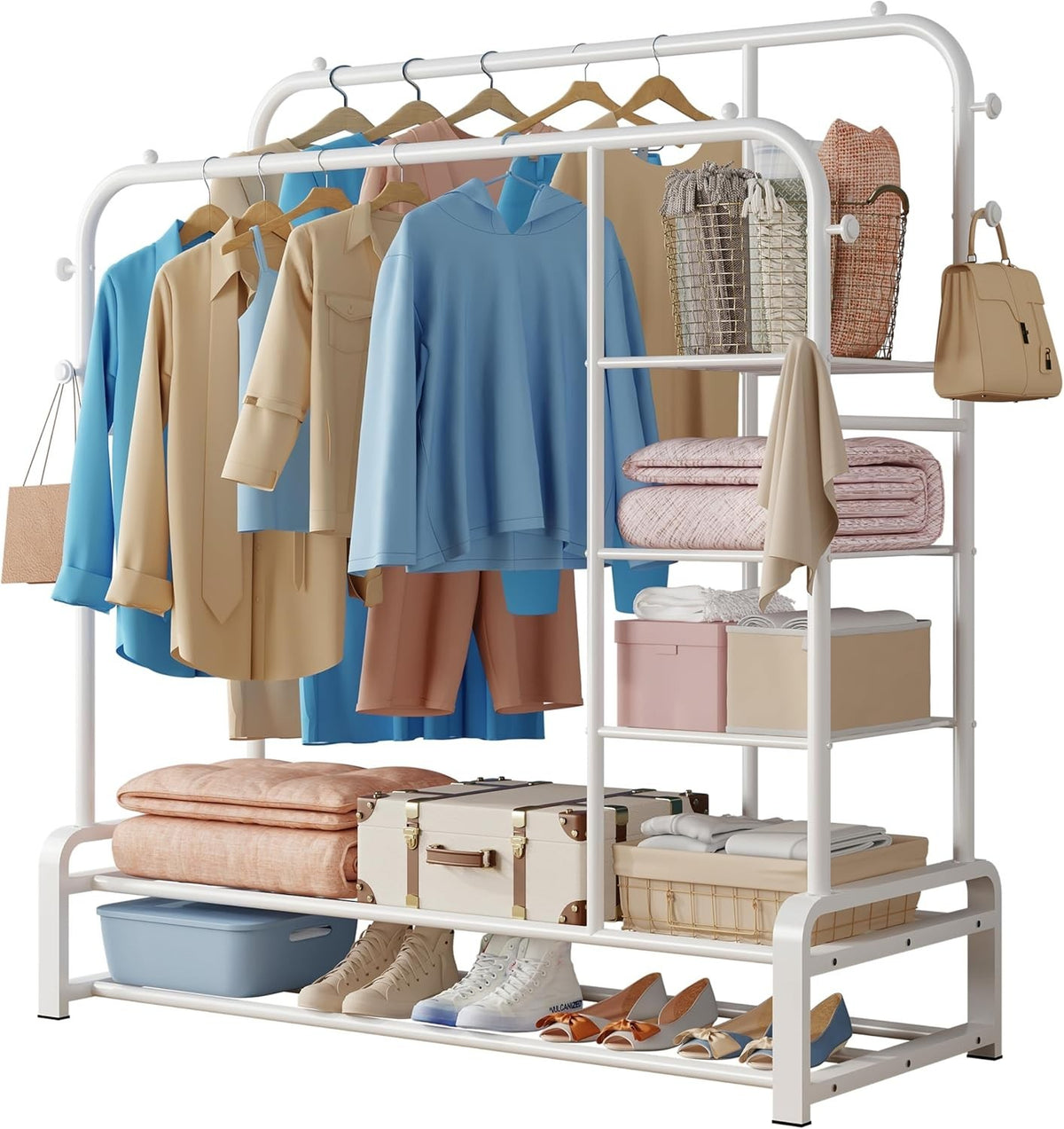 Heavy Duty Clothes Rail with Shelves & Hooks – White 110×145cm