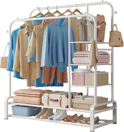 Heavy Duty Clothes Rail with Shelves & Hooks – White 110×145cm