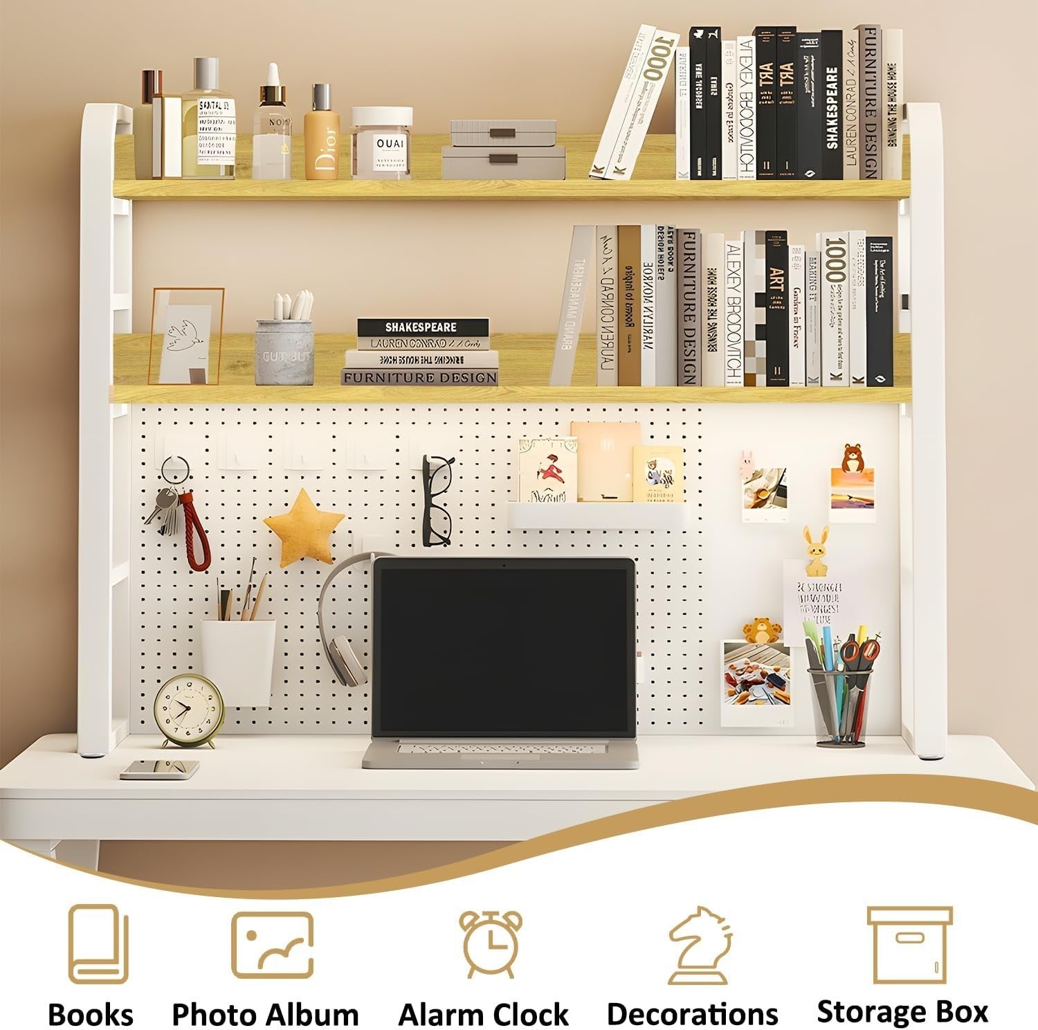 37.4" Desktop Hutch Bookshelf w/ Pegboard 2-Tier Desk Organizer Storage White