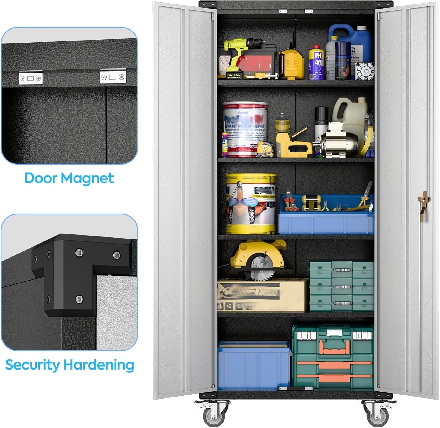 Tall Metal Storage Cabinet 183cm Lockable Doors Shelves Wheels Home