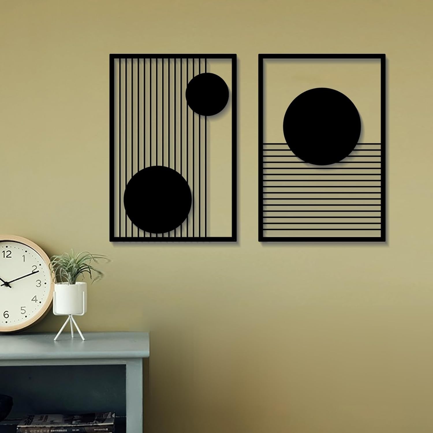 Abstract Metal Wall Art Set 2 Modern Geometric Minimalist Black Decor