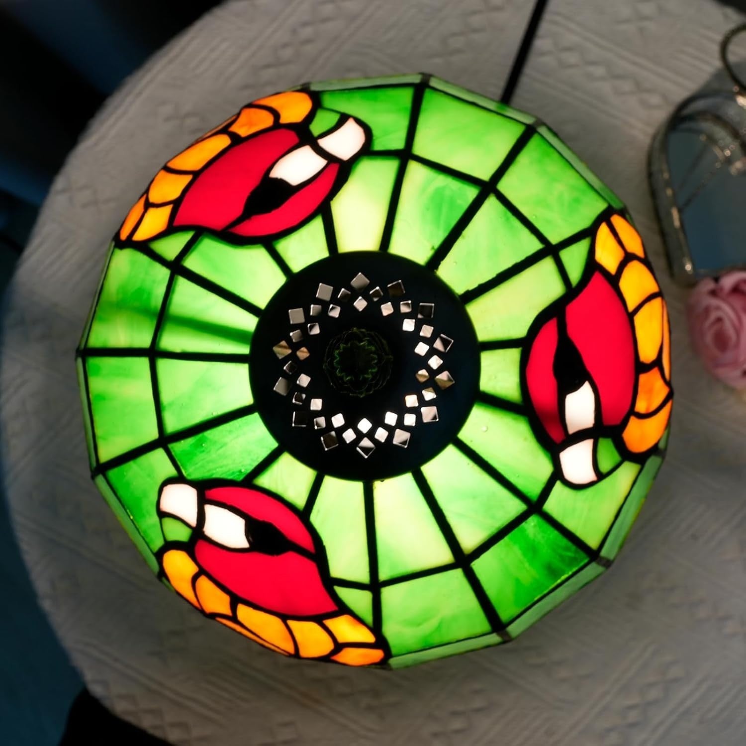 Tiffany Style Parrot Table Lamp Green Glass Bedside Desk Light Retro