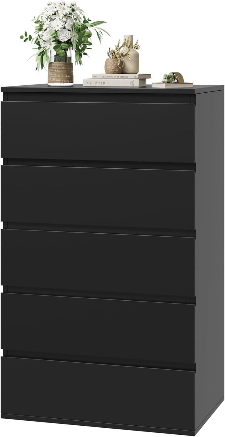 Black 5 Drawer Tall Chest Storage Cabinet Bedroom Organizer Furniture Unit