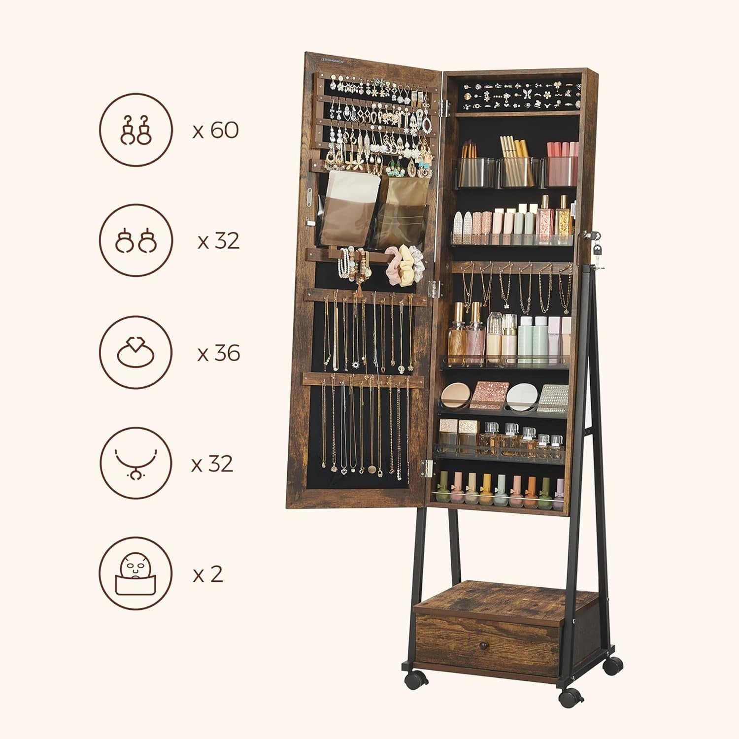 Lockable Rolling Jewelry Cabinet Full Length Mirror Drawer Shelf Organizer