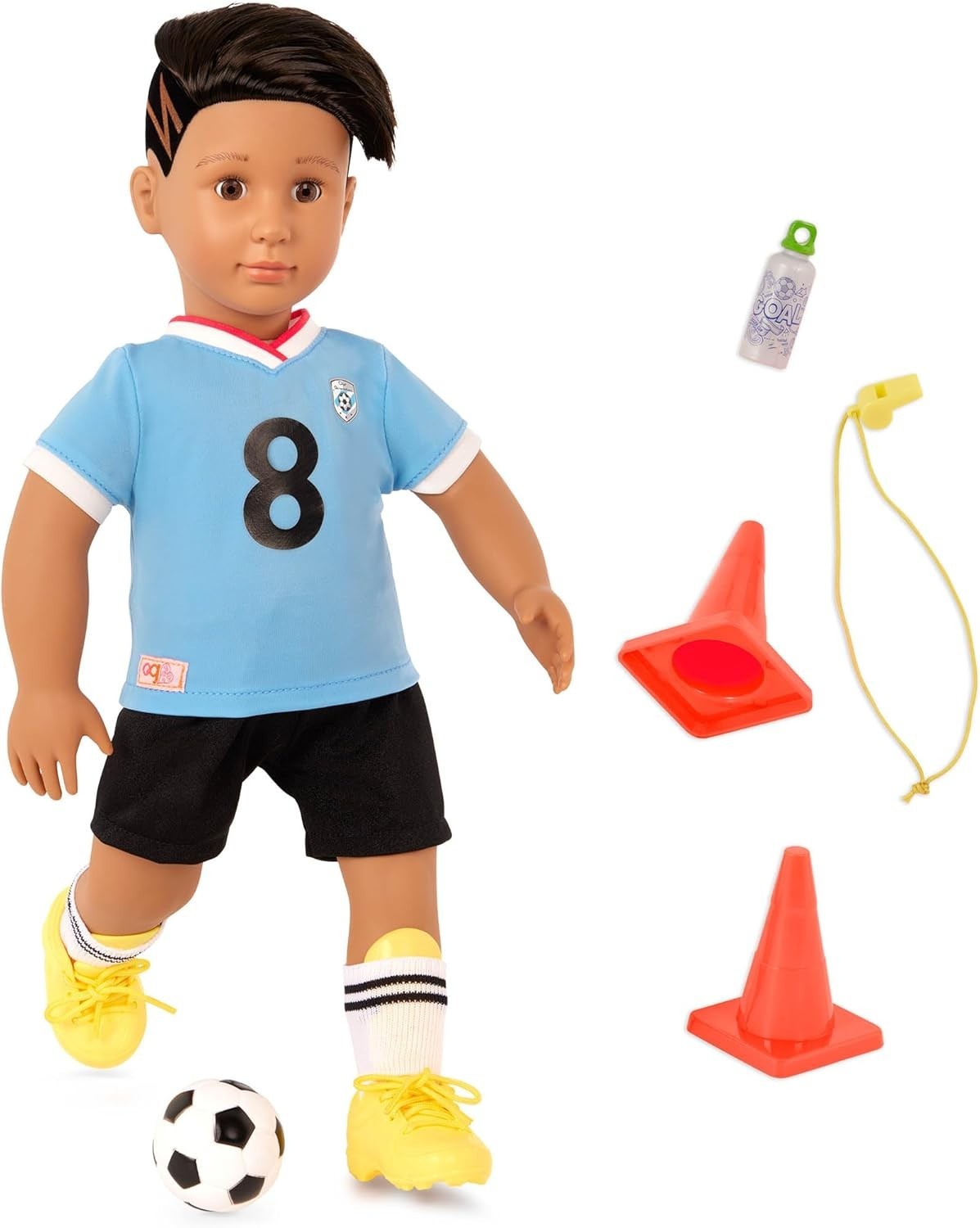 18in Boy Soccer Doll Brown Eyes Poseable Body Sports Playset