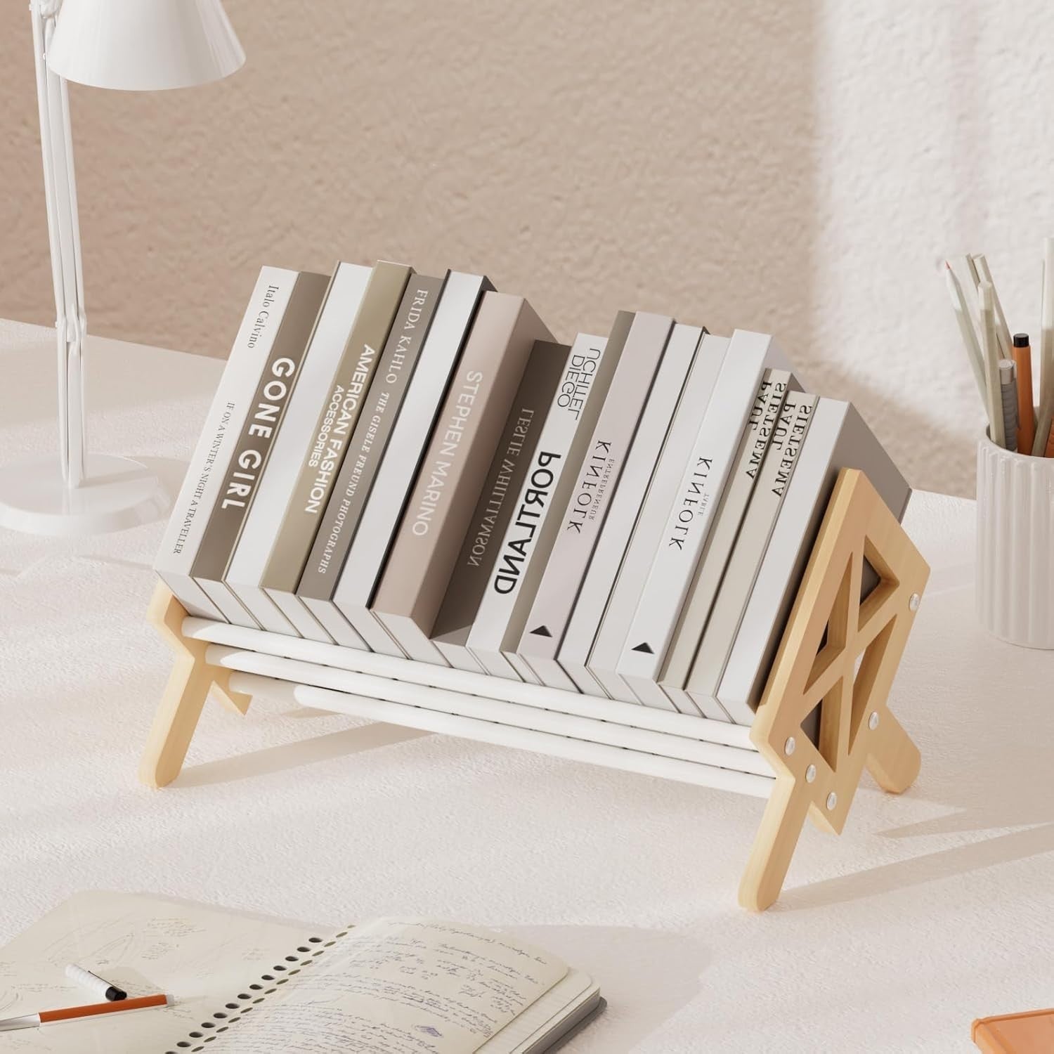 Wood Tilting Desktop Bookcase Organizer Rack for Books CDs Magazines