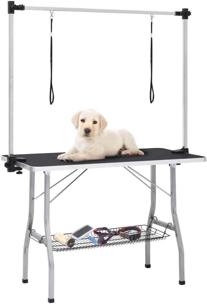 Adjustable Dog Grooming Table Non Slip Foldable Steel Legs Storage Basket