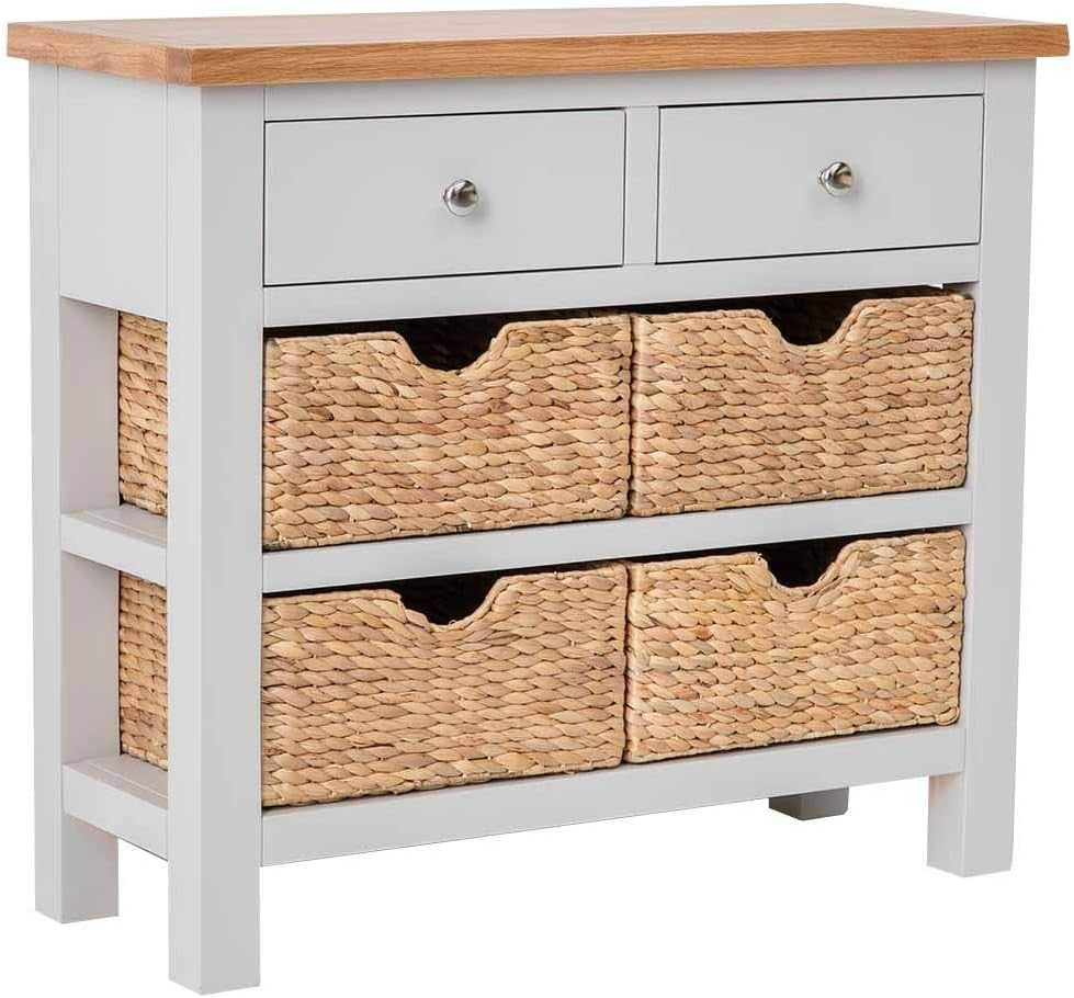 Slim Grey Console Table with Baskets – Oak Top Storage Unit for Hallway