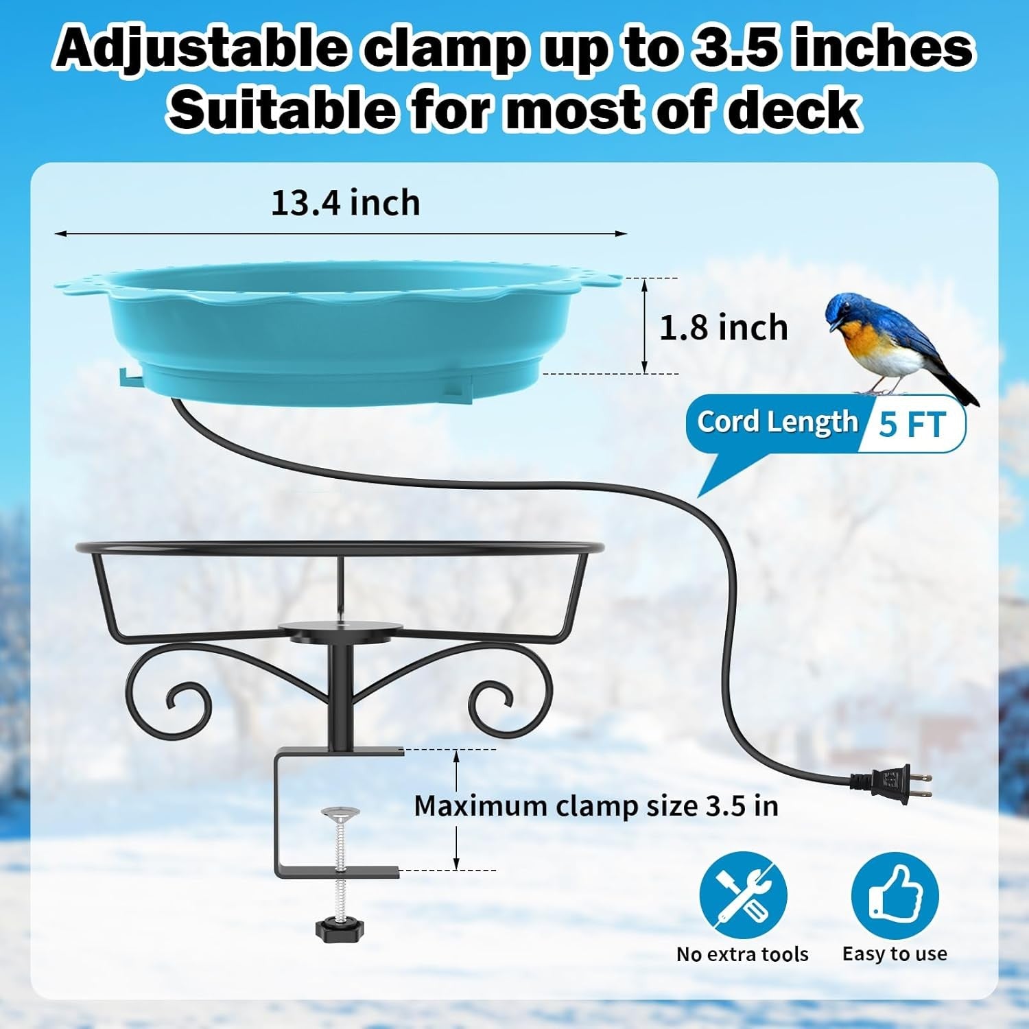 Heated Bird Bath 100W Thermostat Blue Deck Mount Winter Outdoor Water Feeder