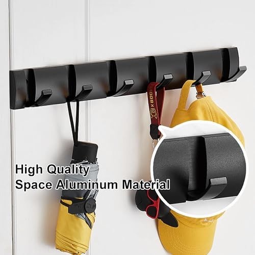 Black Wall Mounted Coat Hook Rack 6 Hooks Foldable Heavy Duty Metal Hanger
