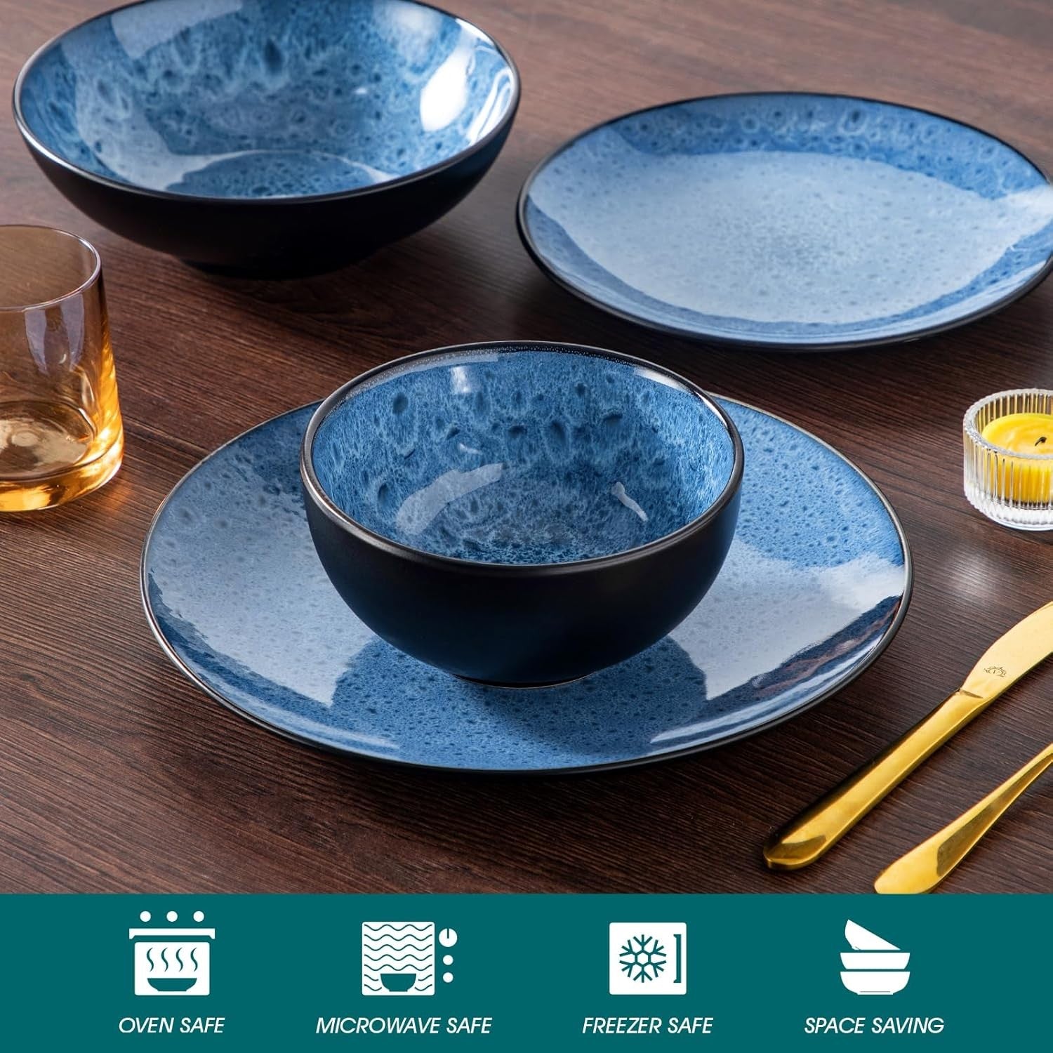 24pc Stoneware Dinnerware Set Blue Plates Bowls Vintage Reactive Glaze