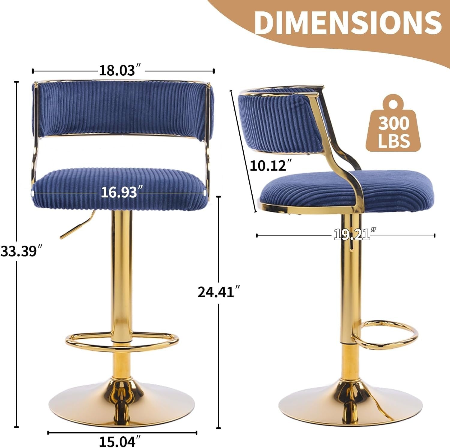 Blue Corduroy Adjustable Swivel Bar Stools Set of 2 with Back