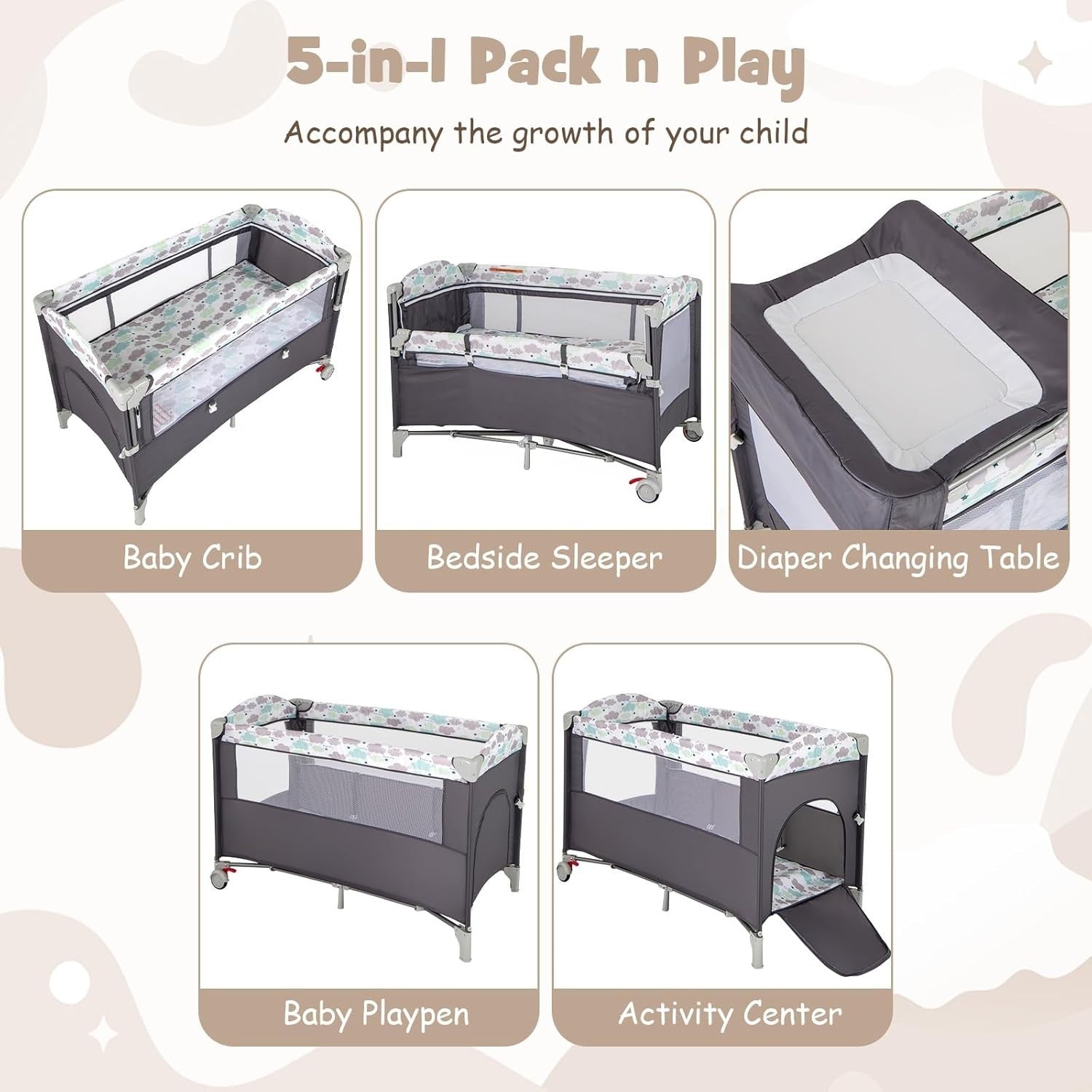 5in1 Baby Travel Cot Bedside Crib Bassinet w/ Mattress Changer Music Toys Grey