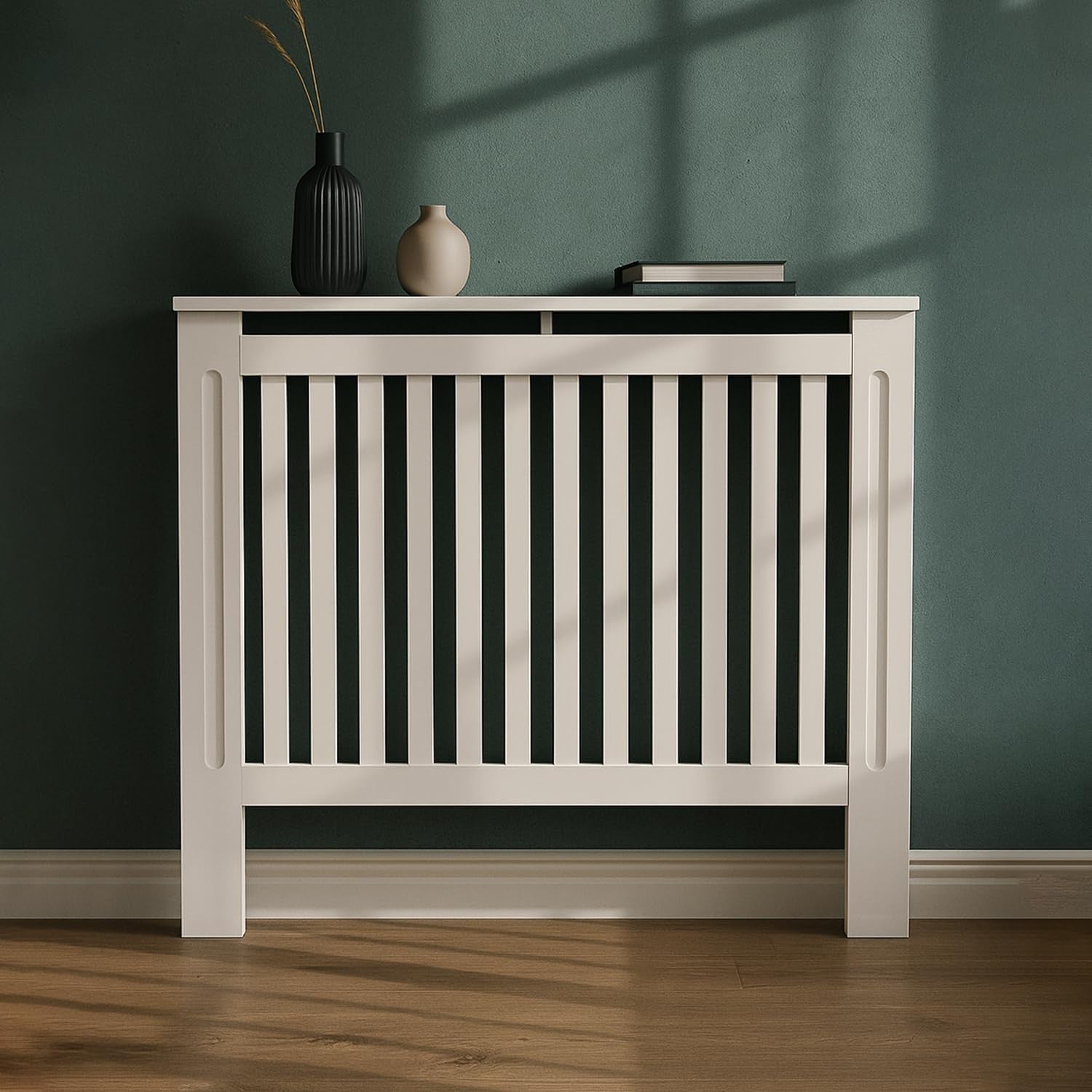 Medium Radiator Cover White Slat MDF Modern Heater Cabinet Shelf Space Saving