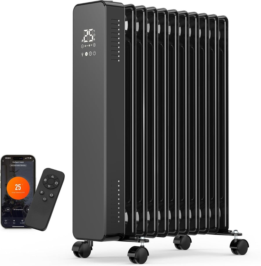 2500W Oil Filled Radiator Smart Heater WiFi LED Remote Timer Black