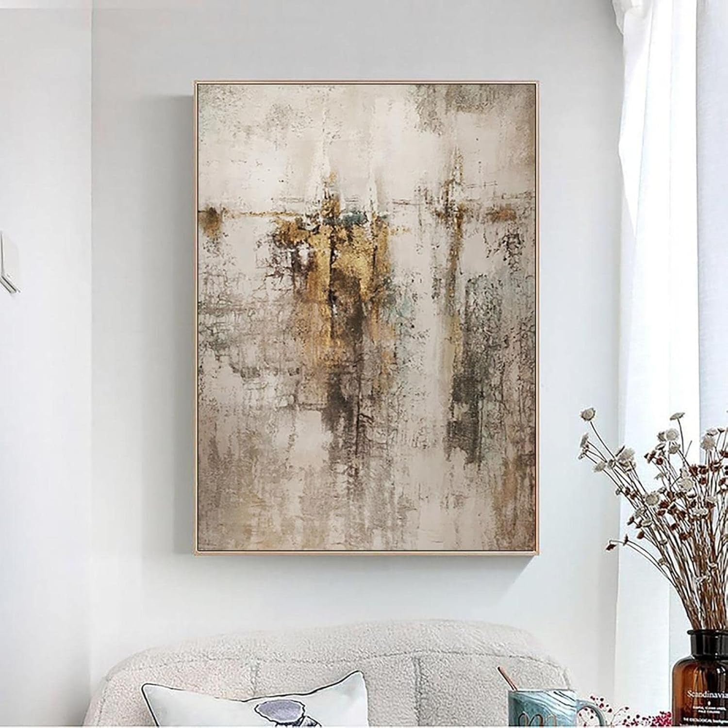Large Beige Gold Abstract Wall Art Framed 125x85cm Canvas