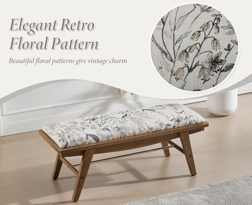 Upholstered End of Bed Bench with Solid Wood Frame, Beige Linen Seat