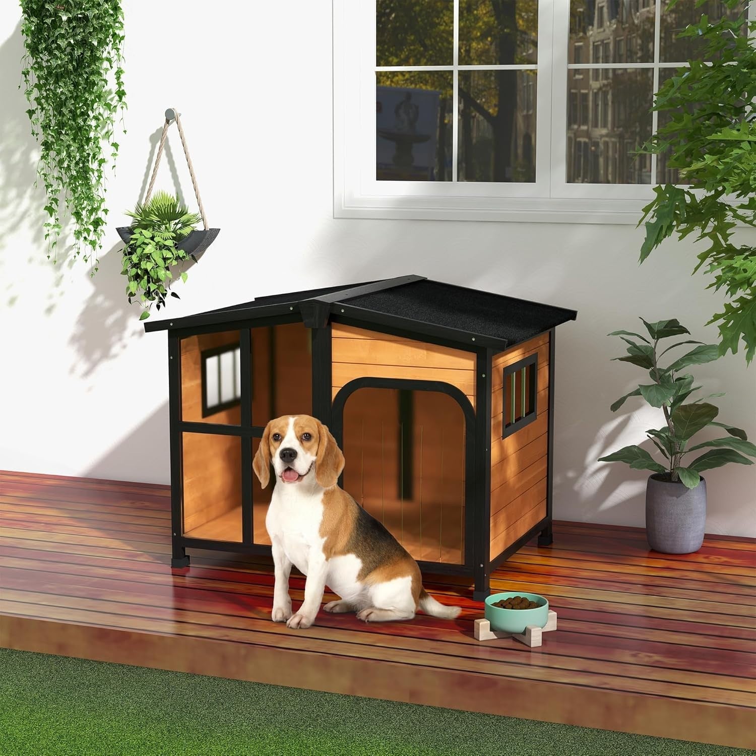 Large Wooden Outdoor Dog Kennel with Roof, Windows & Removable Floor