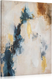 Abstract Blue Gold Canvas Wall Art 70x50cm Textured Framed