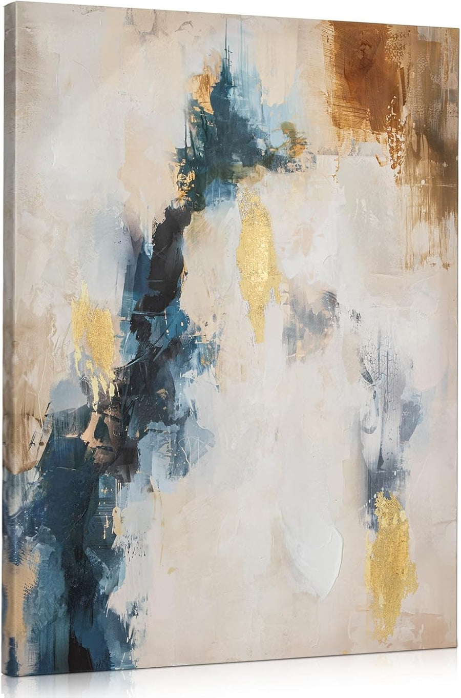 Abstract Blue Gold Canvas Wall Art 70x50cm Textured Framed