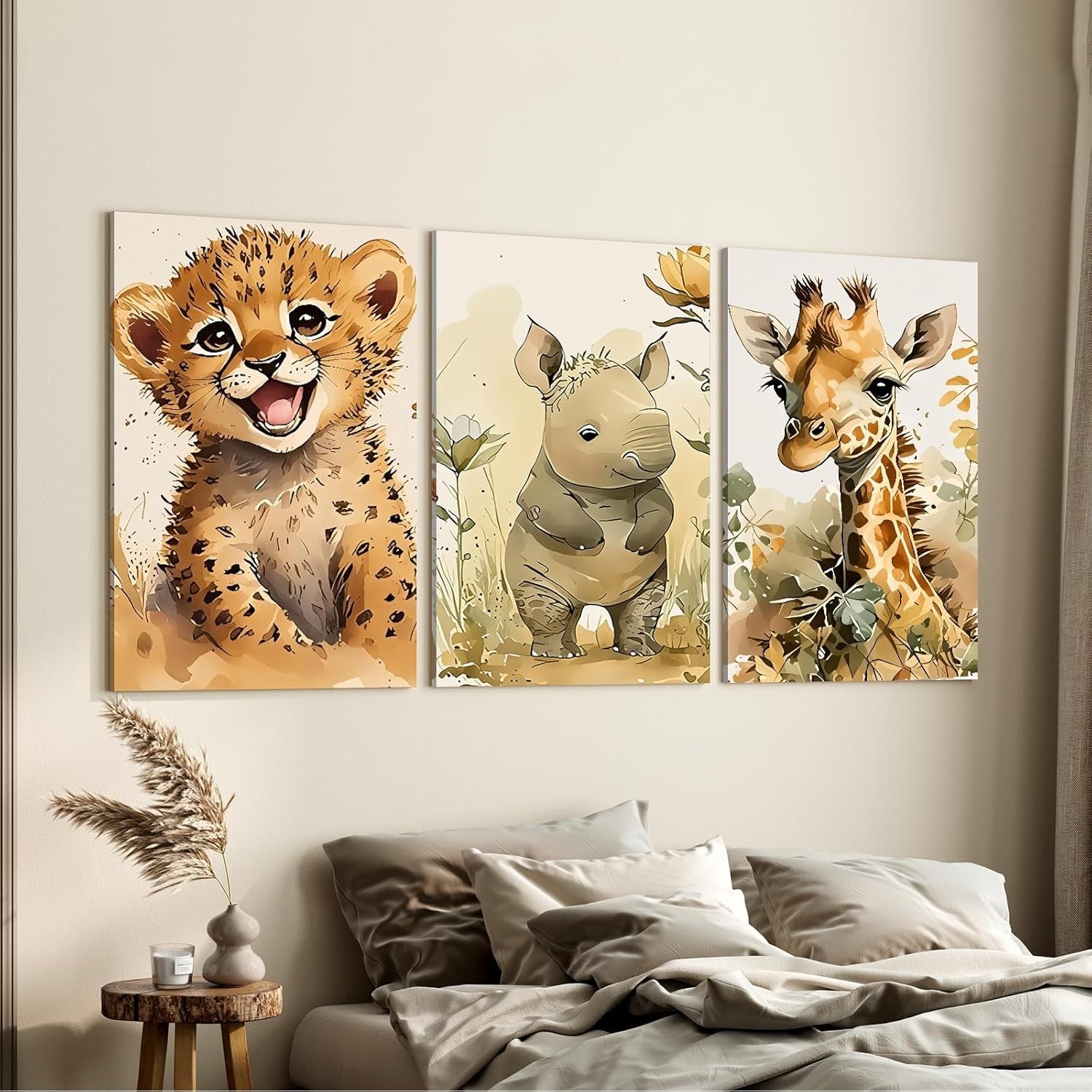 Safari Animal Canvas Wall Art Set of 3 Framed Prints 12x16 Kids Room Decor