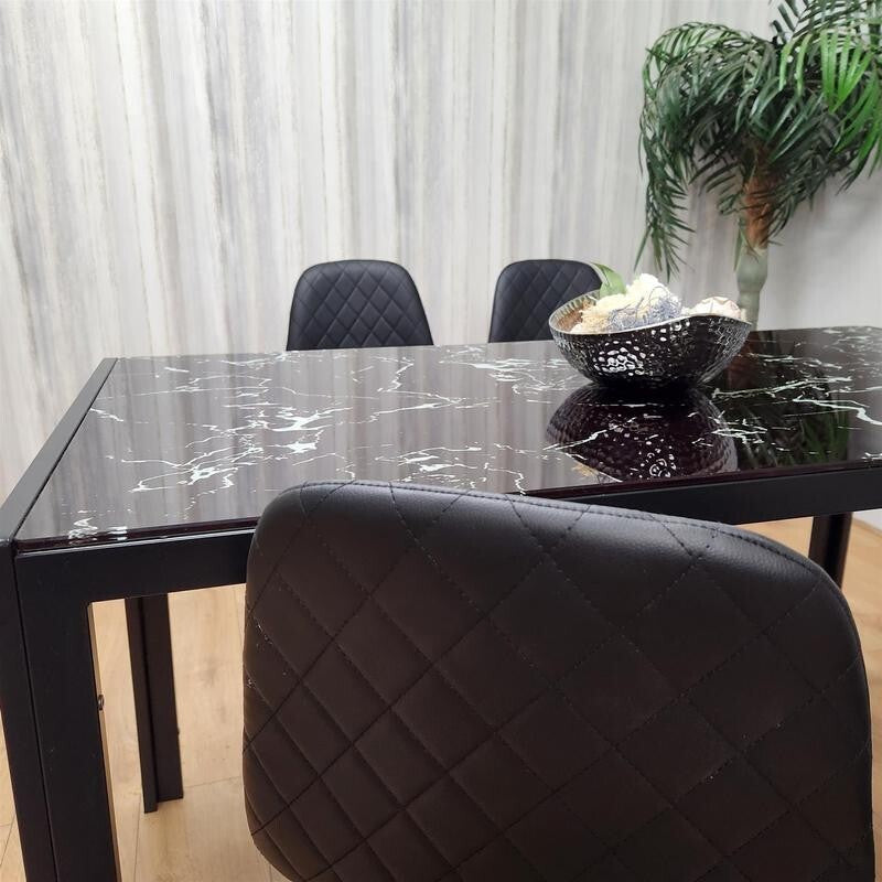 Black Marble Dining Table Set with 4 Leather Chairs Glass Top Kitchen