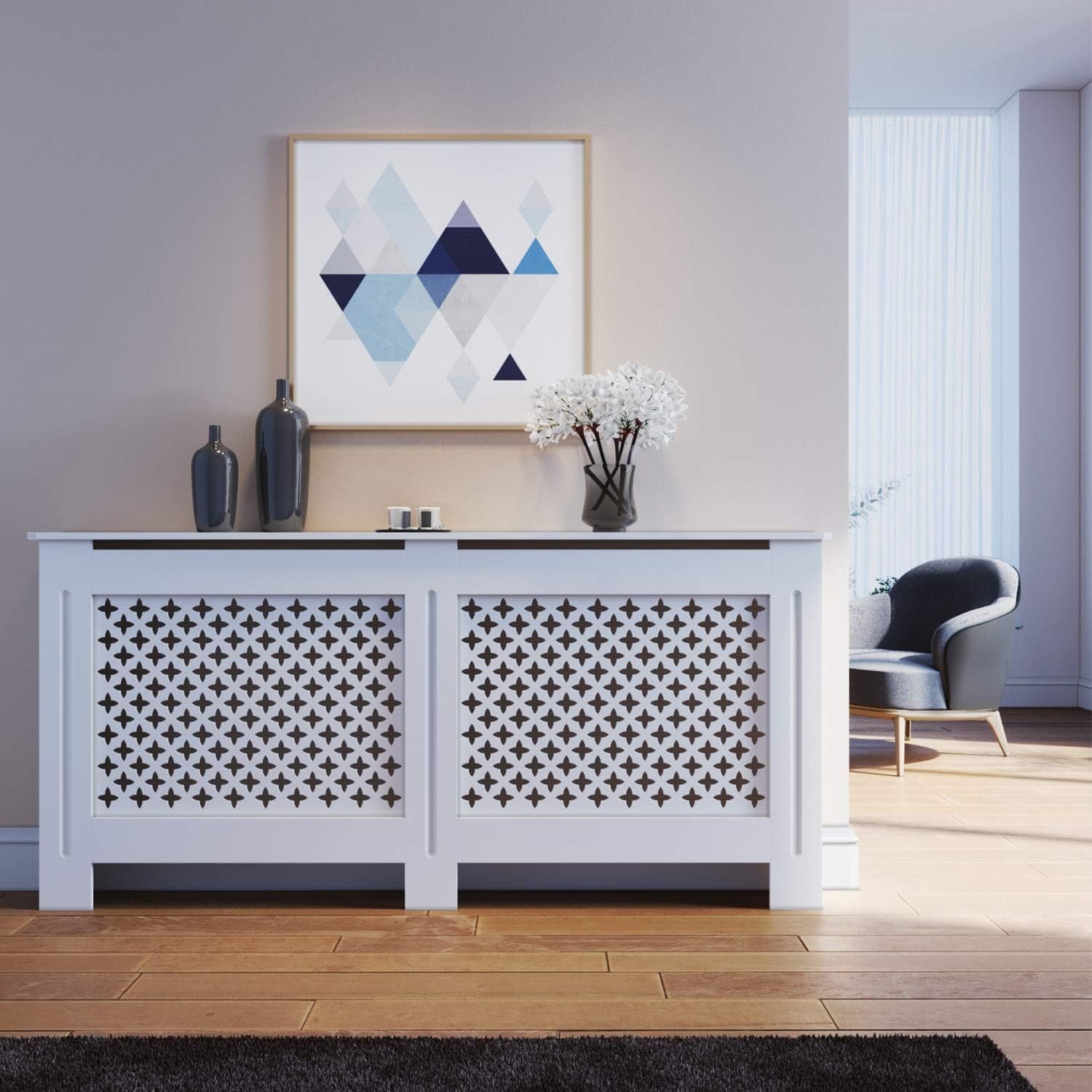 White Radiator Cover Cabinet Modern MDF Slatted Design with Shelf, Extra Large