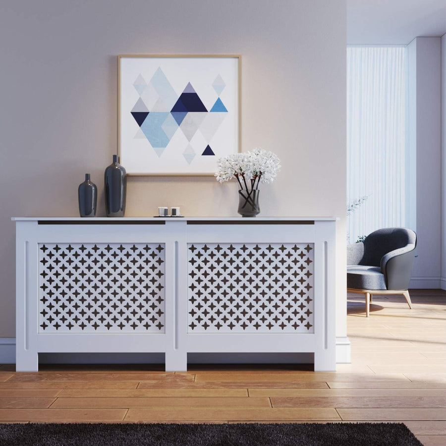 White Radiator Cover Cabinet Modern MDF Slatted Design with Shelf, Extra Large