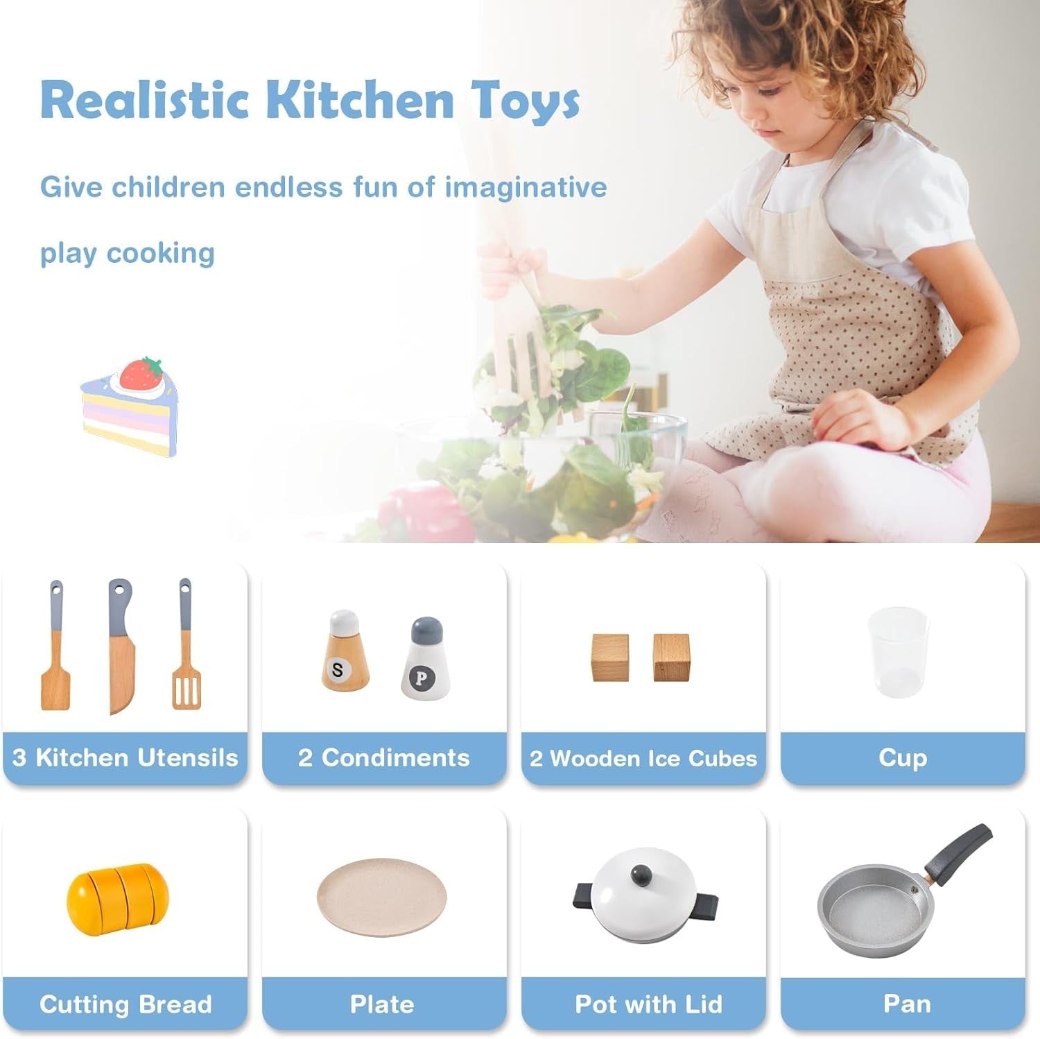 Wooden Kids Play Kitchen Set w/ Fridge Lights Sounds Accessories