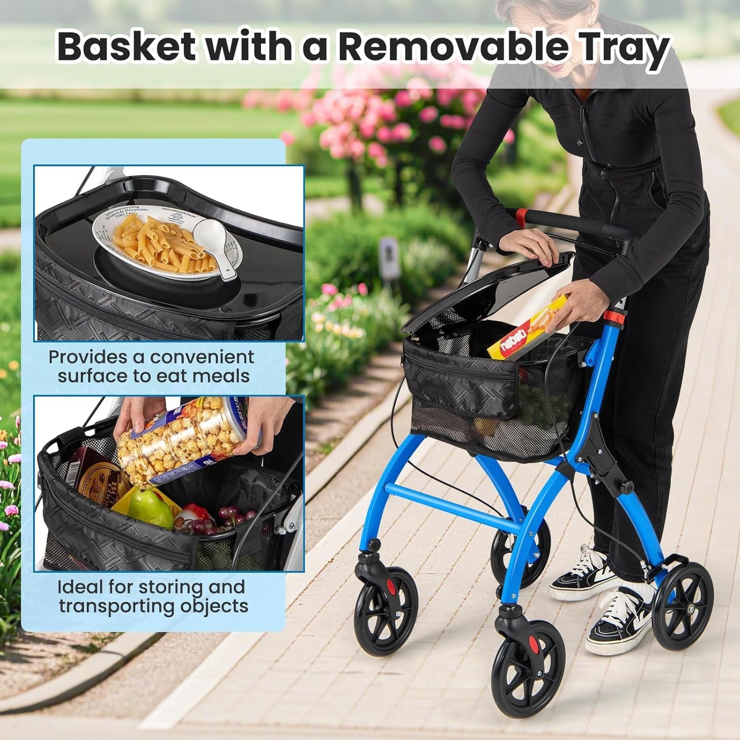 Lightweight Folding Rollator Walker 4 Wheel Basket Brakes Narrow Blue