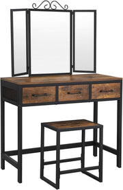 Rustic Dressing Table Vanity Set 3-Fold Mirror Stool Drawers Makeup Desk
