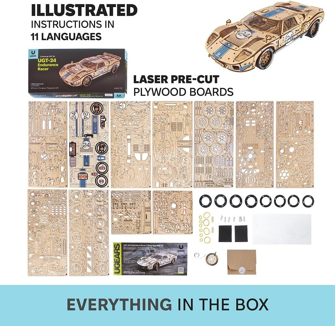 1:12 Scale Wooden Sports Car Puzzle – 970pc DIY Model with V8 Engine