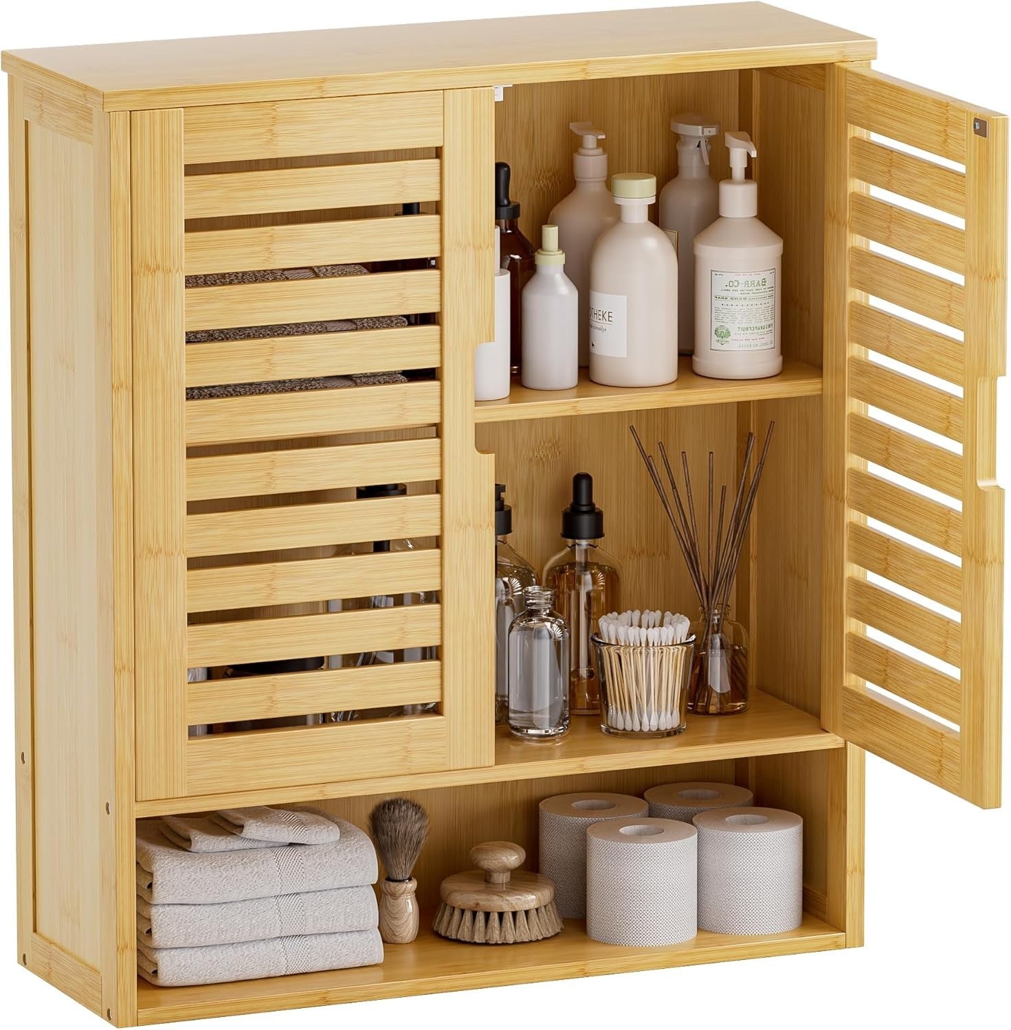 Natural Bamboo Bathroom Cabinet – Wall Mounted, Over Toilet, 2 Door Storage