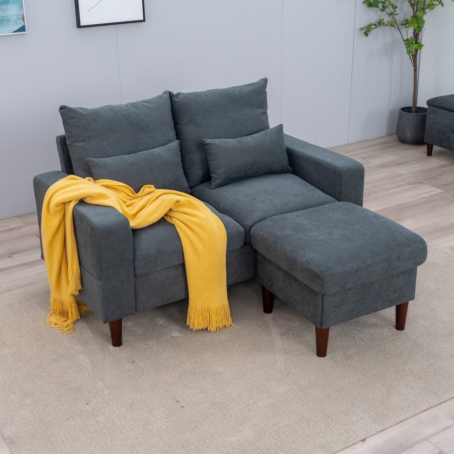 2 Seater Grey Fabric Sofa Couch with Footstool, Small Living Room Ready