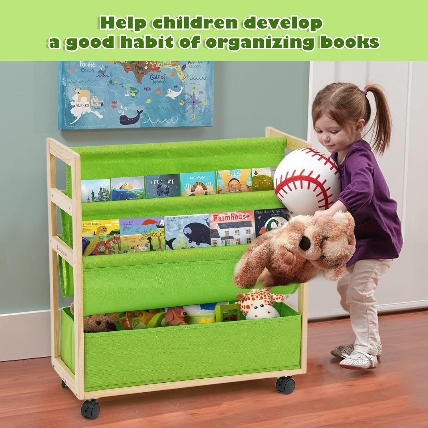 Kids 4-Tier Rolling Bookcase with Fabric Bins & Lockable Wheels, Pine Wood