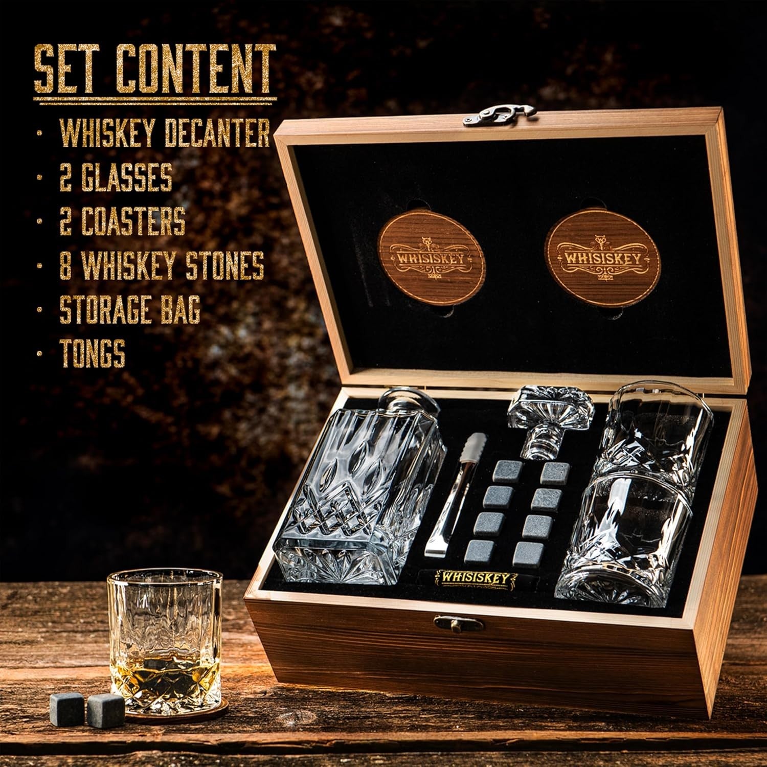 700ml Whiskey Decanter Gift Set with Glasses Stones Coasters Wooden Box
