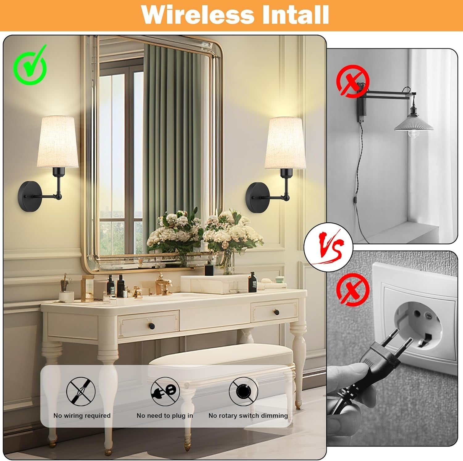 Set of 2 Black Wall Sconce Lights Battery Operated RGB Remote Rotating