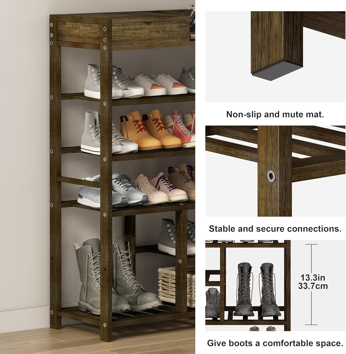 6 Tier Bamboo Shoe Rack Storage Shelf – Tall Tea Brown Entryway Unit